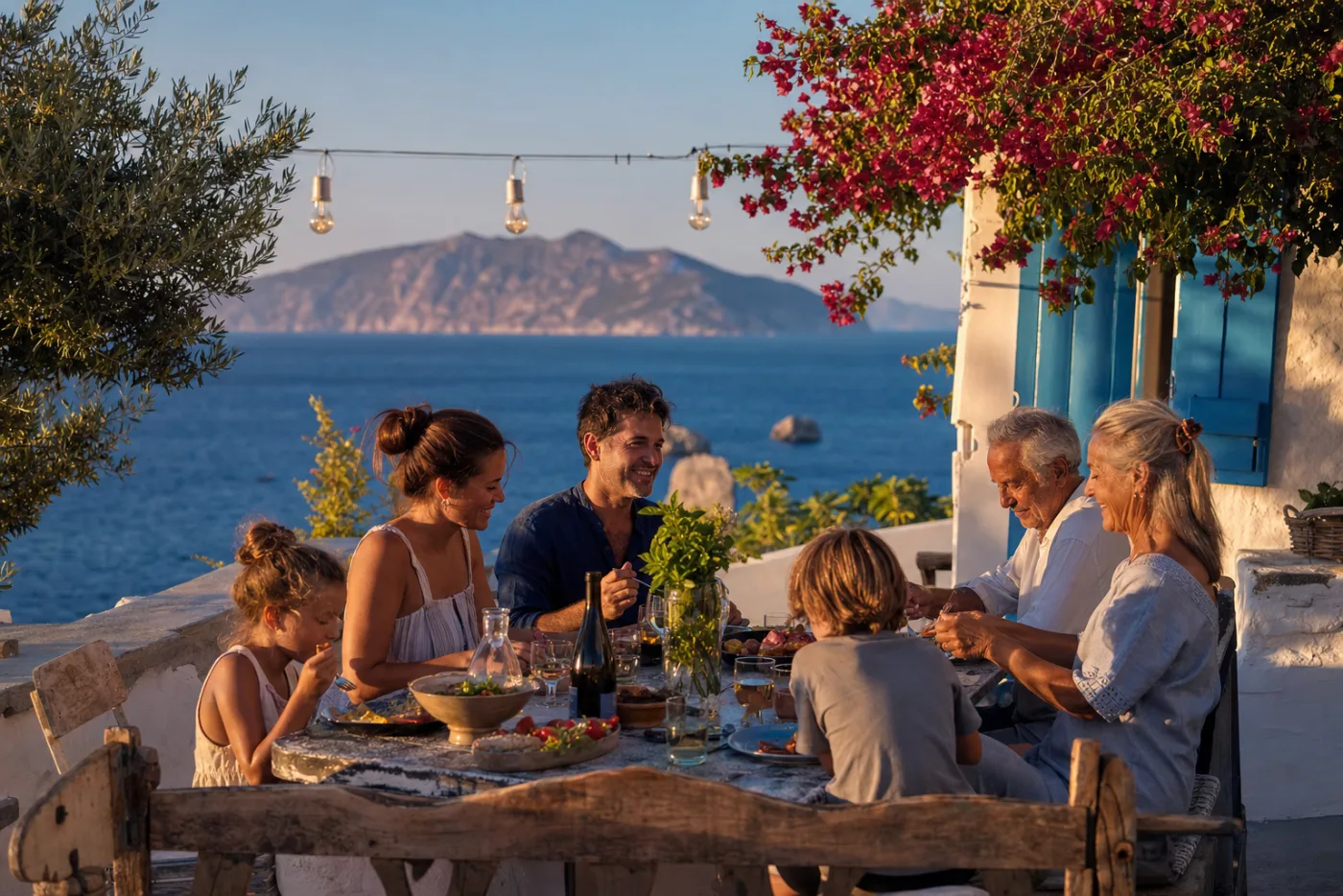 A family eating on a Greek terrace above the sea in the evening